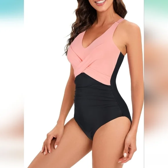 Women's Pink & Black One Piece V-neck Crisscross Tummy Control‎ Bathing Swimsuit - Picture 2 of 13